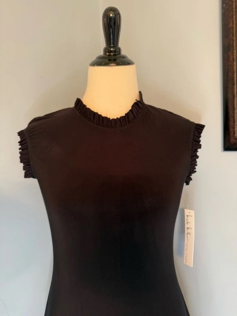 Nicole Miller Shift Dress, Ruffle Neck, Black, Small, EUC